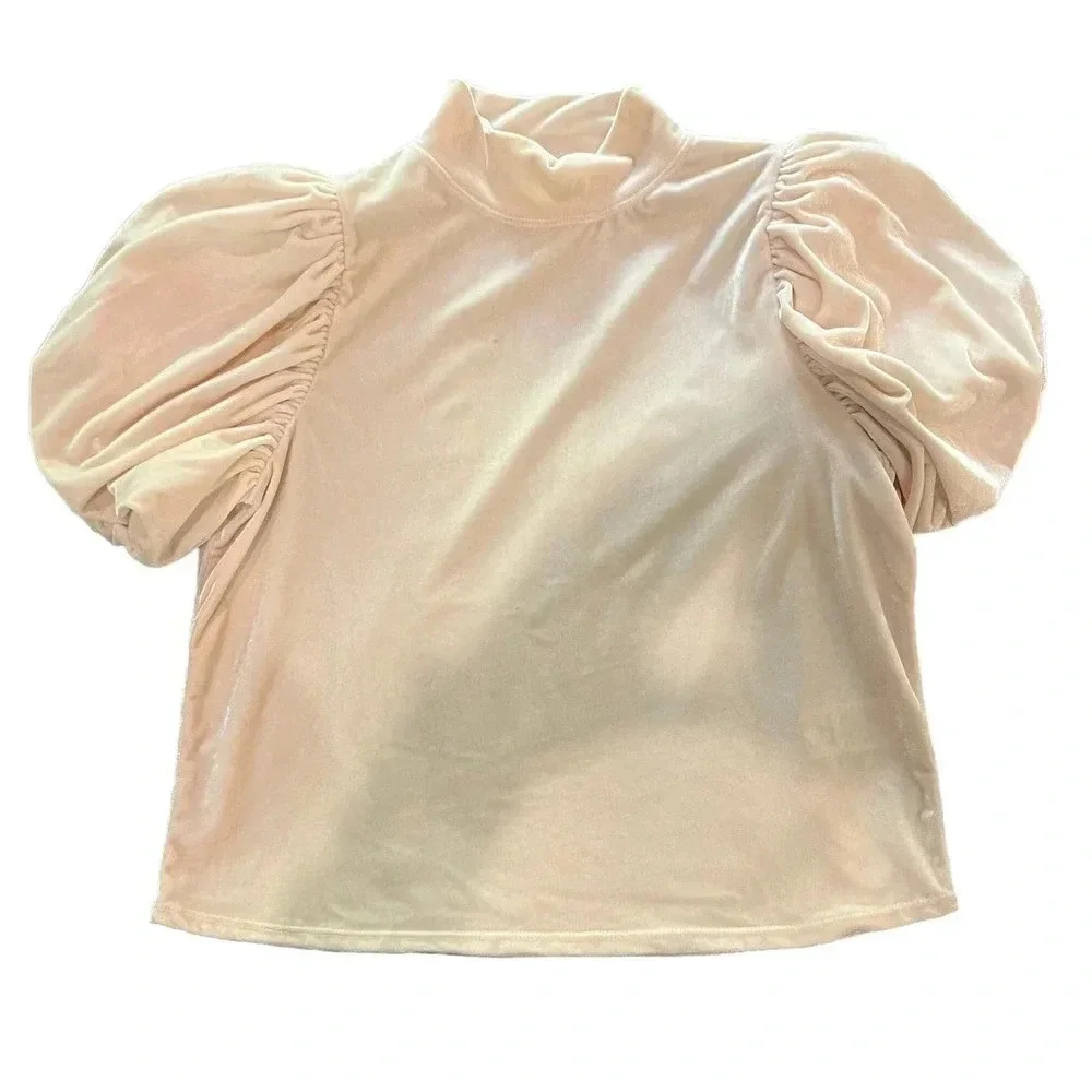 Free People Claudia Light Pink Velvet Mock‎ Neck Puff Sleeve Blouse Size Medium